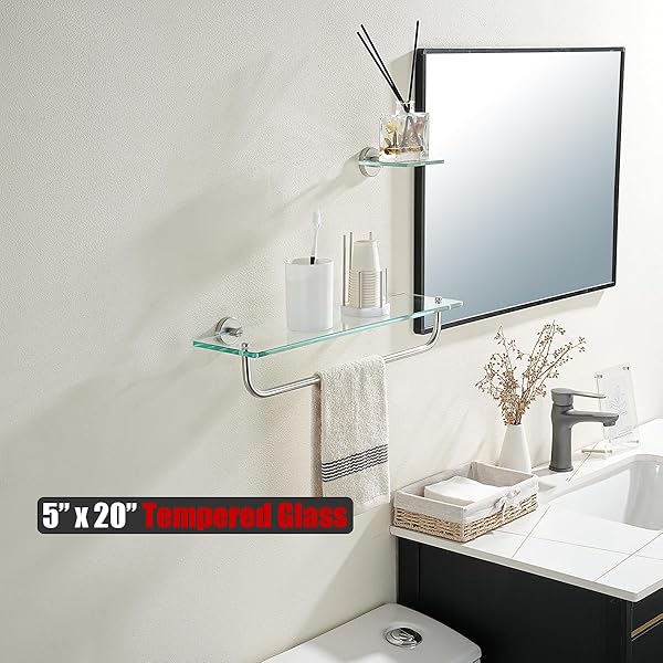 JQK BATHROOM GLASS SHELF, SHELF WITH 19 INCH TOWEL BAR TEMPERED GLASS SHOWER STORAGE 20 BY 5 INCHES, 304 STAINLESS STEEL BRUSHED FINISH WALL MOUNT, TGS100L20-BN