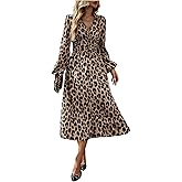 Floerns Women's Elegant Leopard Dress Wrap V Neck Long Sleeve Party A Line Long Dress