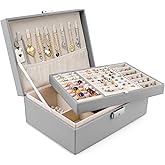 Homeanda Jewelry box 2 layer Jewelry box Leather Jewelry boxes for Women Girls Teens Jewelry organizer box Jewelry Storage box with lock(Grey)