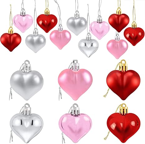 Red Pink Silver Heart Shaped Baubles 
