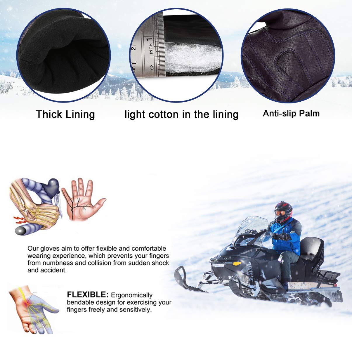 Vbiger Winter Skihandschuhe Snowboard Handschuhe Outdoor Sports Handschuhe Verdickt Warm Schnee Handschuhe für Herrenund Damen, Lila, M