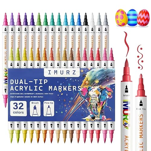 32 Colouring Pens Markers - Dual Tips, Acrylic Paint Pens Markers for Adult Coloring Books Multi-Surface, Rock Painting, Canvas, Wood, Fabric, Glass, DIY Crafts & Art Supplies
