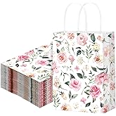 Marspark 24 Pcs Pink Wedding Flowers Paper Gift Bags for Bridal Baby Shower Engagement Birthday Party Supplies Roses Treat Bag with Handles Candy Goodie Bags for Guests, 8.3'' x 5.9'' x 3.1''(Rose)