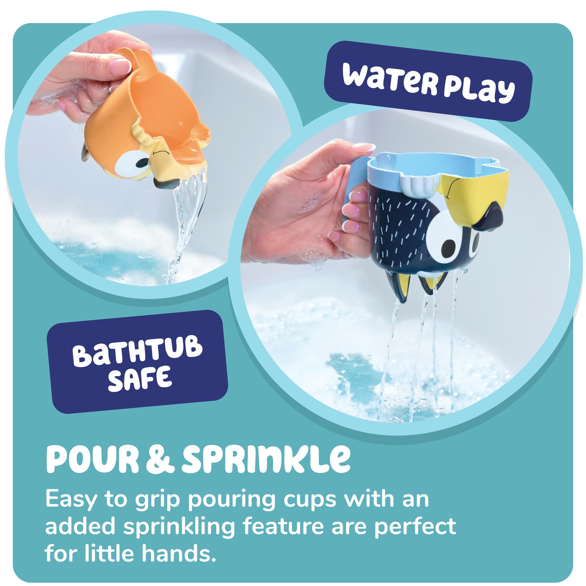TOMY Toomies Bluey Bath Toys - Bluey's Family Pourers - Includes Chilli, Bandit, Bingo and Bluey Figures - Nesting and Stacking Cups for Bath, Beach or Pool - 4 Count - Ages 18 Months and Up