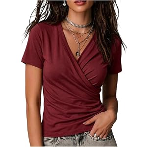 Wrap Tops for Women Summer V Neck Short Sleeve Ruched Top Solid Casual Trendy Cinched Waist Going Out Blouses 2026
