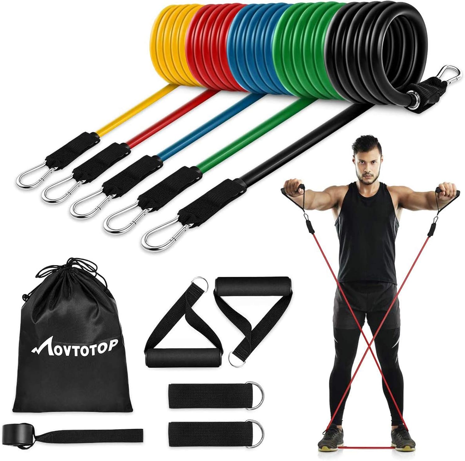 MOVTOTOP Resistance Bands Set, [2020 Newest] 5 Stackable Exercise Bands Up to 150 Lbs, 11 Pack Workout Resistance Bands with 2 Foam Handles Suit for Men Women Working Out : Sports & Outdoors