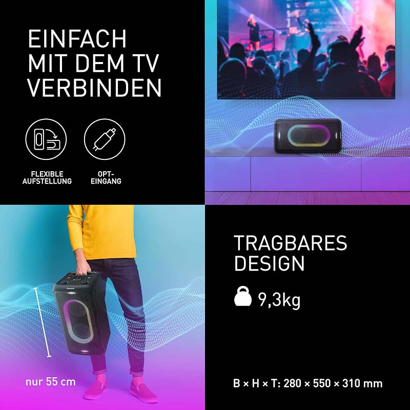 SC-BMAX10E-K Tragbarer Party-Lautsprecher mit Bluetooth, integrierter Beleuchtung, 150 W, USB, optischem Eingang für TV, Gitarren- & Mikrofoneingängen für Karaoke, Schwarz