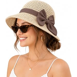 Elegant Woven Straw Sun Hat with Bow, Summer Beach Sun Straw Hats for Women Foldable Wide Brim Straw Bucket Hats