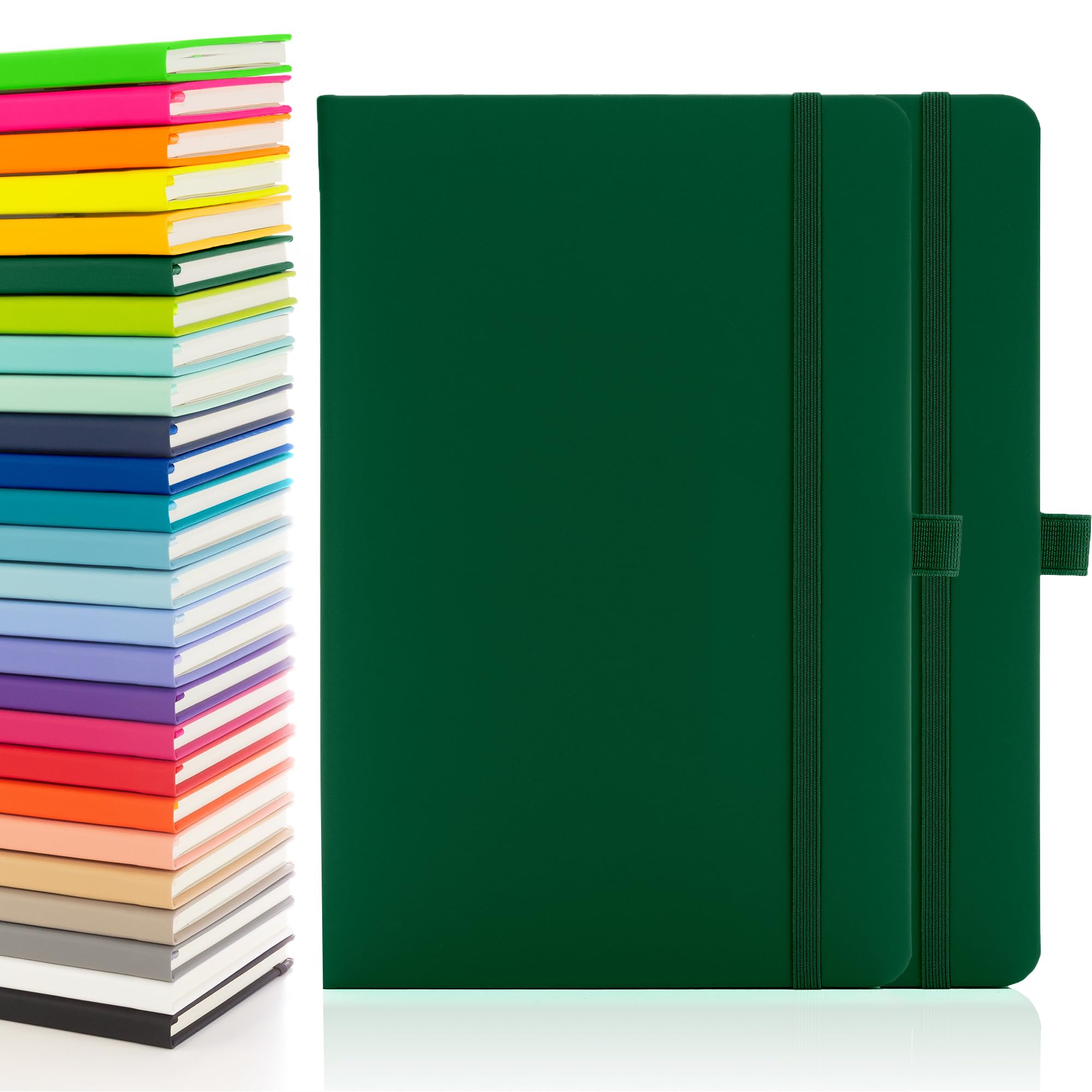 Notes London 2 x Eco A5 Notebook with Lined Pages, Pen Loop, Ribbon, Date Marks and Paper Pocket, Medium Hardback Journal, Note, sustainably sourced paper (Green & Green)