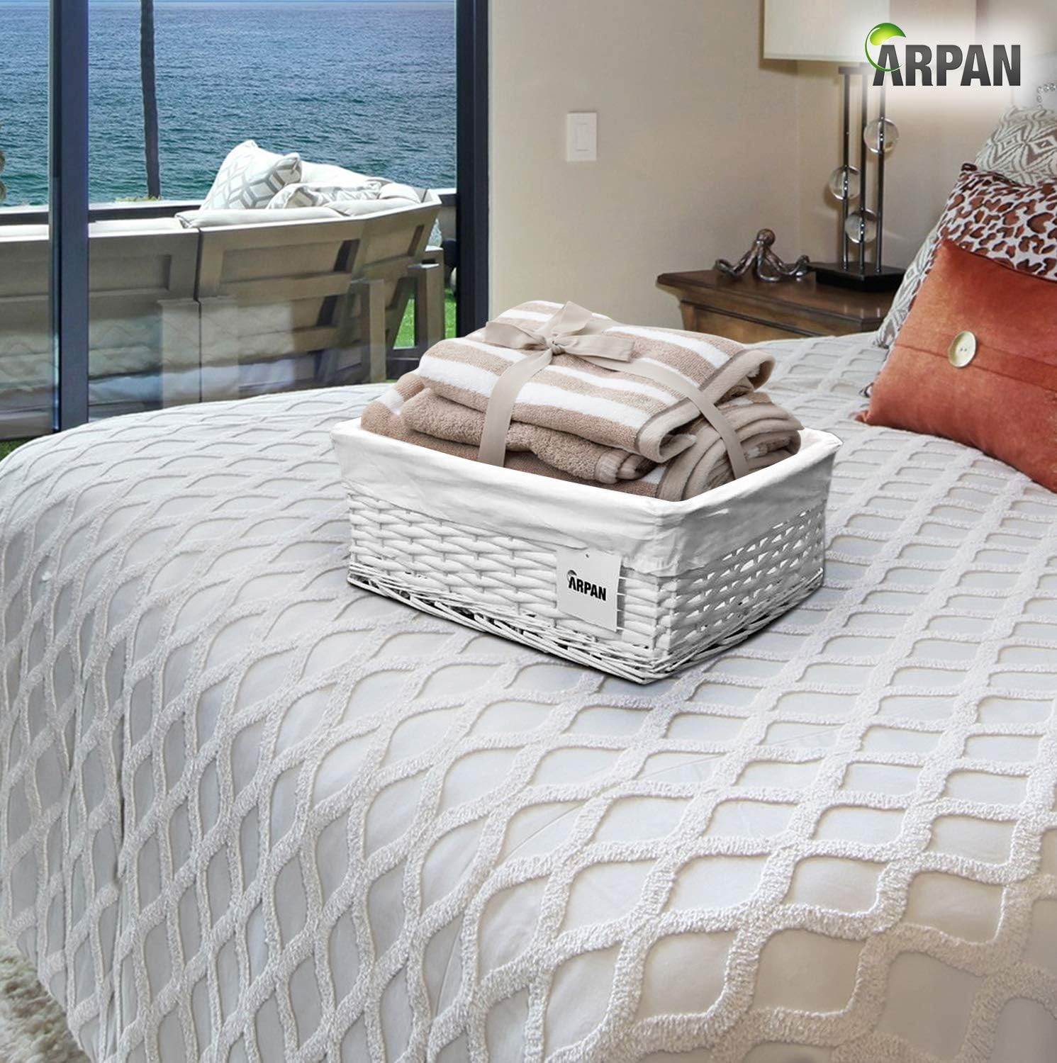 Arpan White Wicker Storage & Hamper Basket with White Cloth Lining, Small Baskets for Xmas Wedding, Confetti & Parties - Image 5