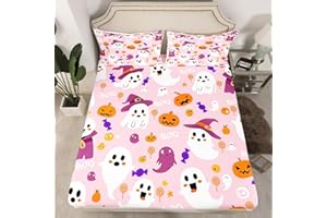 Feelyou Kids Cartoon Halloween Fitted Sheet Cute Ghost Pumpkin Bed Sheets for Child Boys Girls Pink Purple Twin Size Bedding Set Decoration Kawaii Sheets Set,No Top Sheet