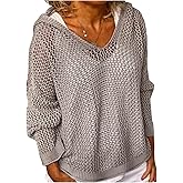 RoseSeek Women's Crochet Hollow Out Hooded Sweaters Long Sleeve V Neck Knit Hoodie Loose Pullover Tops