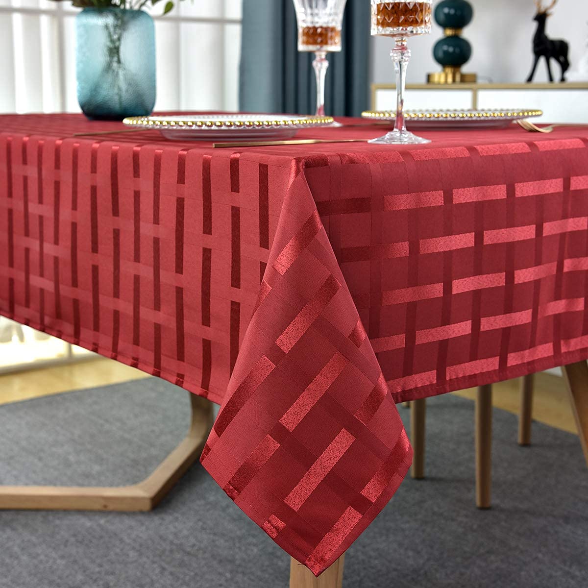 SASTYBALE Christmas Rectangle Tablecloth Spillproof Wrinkle Resistant Vintage Table Cloth Checkered Fabric Table Cover for Kitchen Banquet Party Tabletop Use (Oblong,152 x 305cm (10-12 Seats),Red)