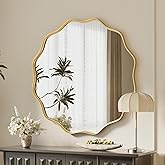 VooBang Gold Scalloped Circle Mirror, 24" Wavy Edge Round Wall Mirror with Tempered Glass Textured Circular Metal Deep Frame,