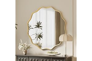 VooBang Gold Scalloped Circle Mirror, 24" Wavy Edge Round Wall Mirror with Tempered Glass Textured Circular Metal Deep Frame, Hanging Leaning for Bathroom, Hallway, Entryway, Livng Room