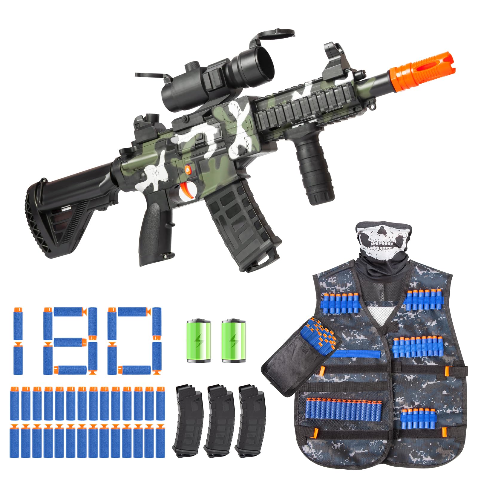 Realistic Toy Gun for Nerf Guns Darts - Electric Sniper Rifle with Tactical Vest Kit, Automatic Foam Blaster with 180 Soft Bullets 3 Magazine for Boy Ages 6-12 Years Old Kid Adult, Indoor Outdoor Game