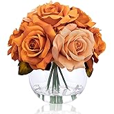 Artificial Flowers Arrangements in Vase with Faux Water, Artificial Orange Champagne Silk Rose Bouquet with Vase for Winter Spring Seasonal Home Wedding Party Centerpieces Decor & Mom's Gift