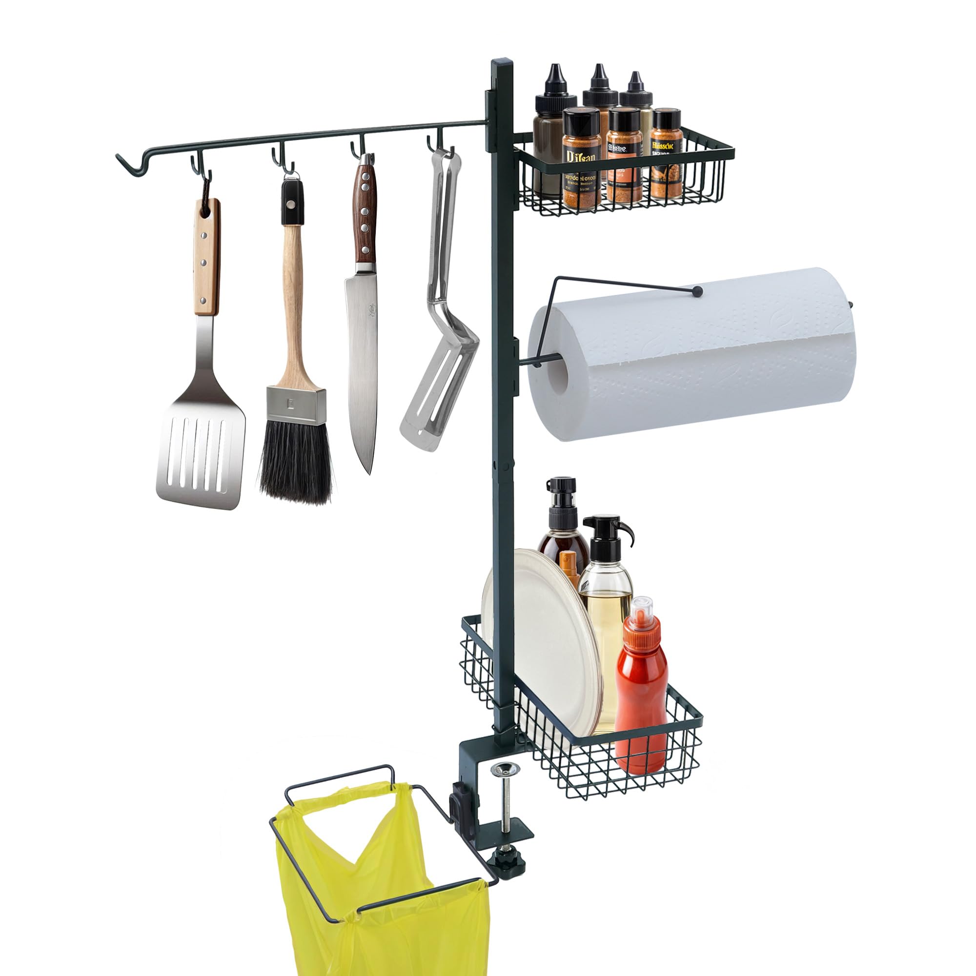 5-in-1 BBQ Accessories & Tools Organiser- Outdoor Barbecue Utensils Holder with Kitchen Roll, Condiment and Trash Bag Holders for Camping Cooking- Unique BBQ gifts for men
