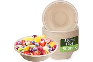 AMSGANK 50 Pack Paper Bowls, 12 OZ Compostable Biodegradable Disposable Bowls Heavy-Duty Eco-Friendly Round Bulk Sugarcane Bo