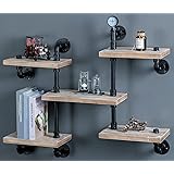 WAKI HOME Industrial Floating Pipe Wall Mounted Shelves Rustic Modern Wood Shelving Bookcase 4 Layer Ladder Steampunk Hanging