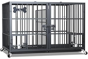 aboxoo 48/42 inch XL Dog Crate for Large Dog/Double Medium Dogs,Heavy Duty Metal Dog Cages,All Metal Open Top,Dog Kennel Indoor with Wheels,Floor Grid, Tray, Divider and Feeding Bowl