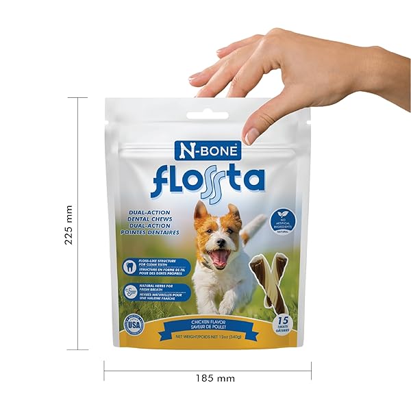 N-BONE FLOSSTA DENTAL CHEWS FOR DOGS – CHICKEN FLAVOR, NO DYES, GRAIN-FREE, BREATH FRESHENING, PLAQUE & TARTAR CONTROL, DIGESTIBLE TEETHING AID – 6.4 OZ BAG, MADE IN USA