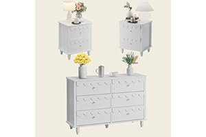 Anbuy 3 Pcs Bedroom Sets, Scalloped 6 Drawer Dresser and Night Stand Sets for Bedroom, Two Drawers Nightstand Set of 2 & 6 Drawer Dresser Combo 3 Pieces (White)