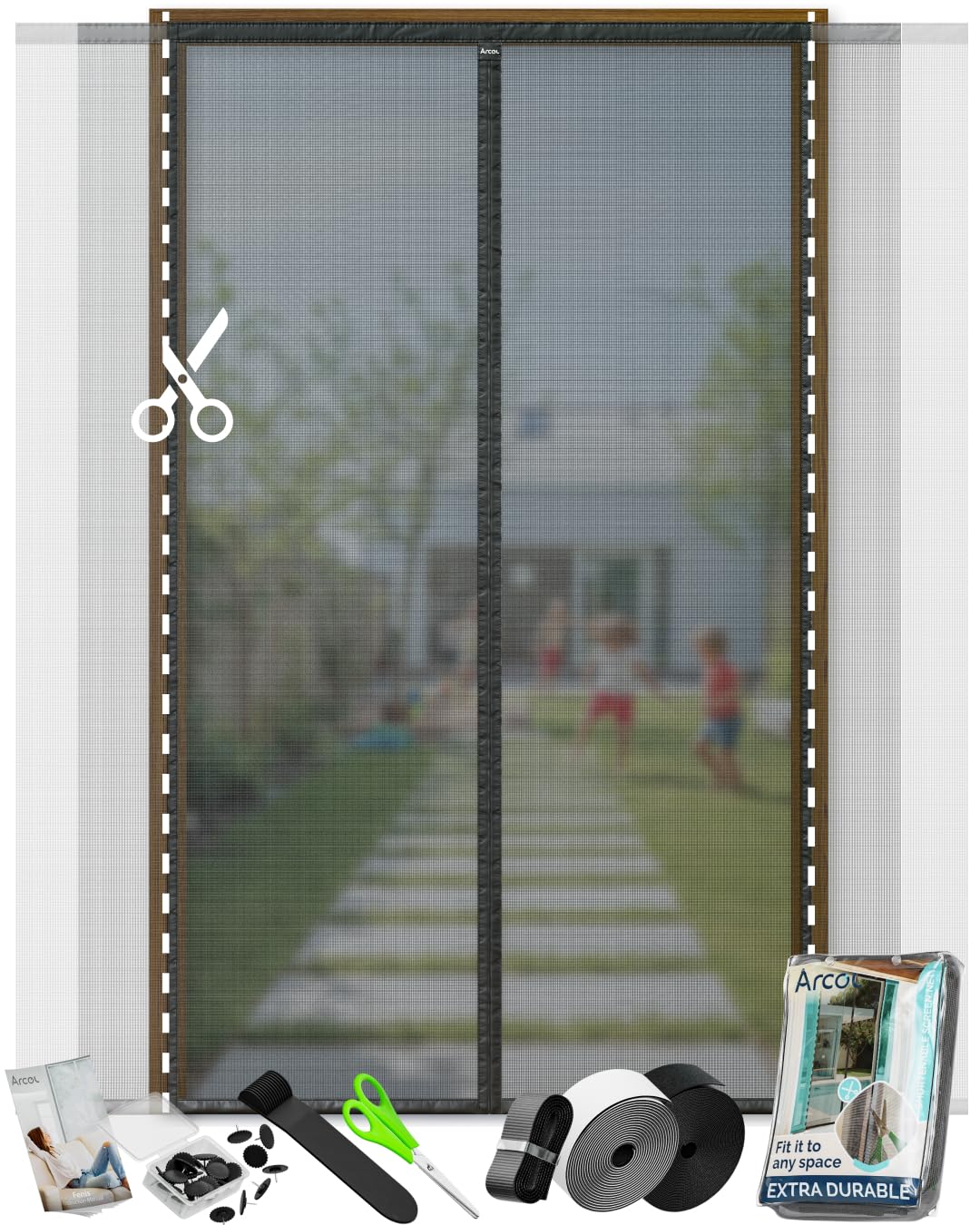 ARCOL Magnetic Door Fly Screen Curtain. Cut-to-Width Door Screens for Keeping Out Flies with Hook and Loop Closure. Heavy Duty Insect Netting (Black, 155x220 cm)