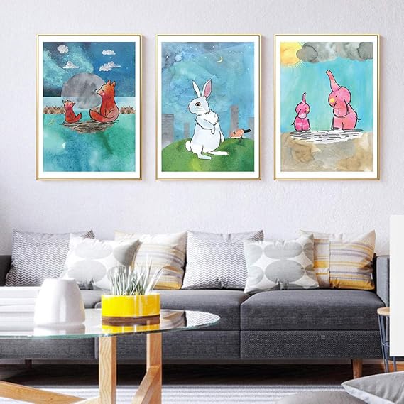 Dibujos Animados Acuarela Rosa Elefante Conejo Carteles e Impresiones