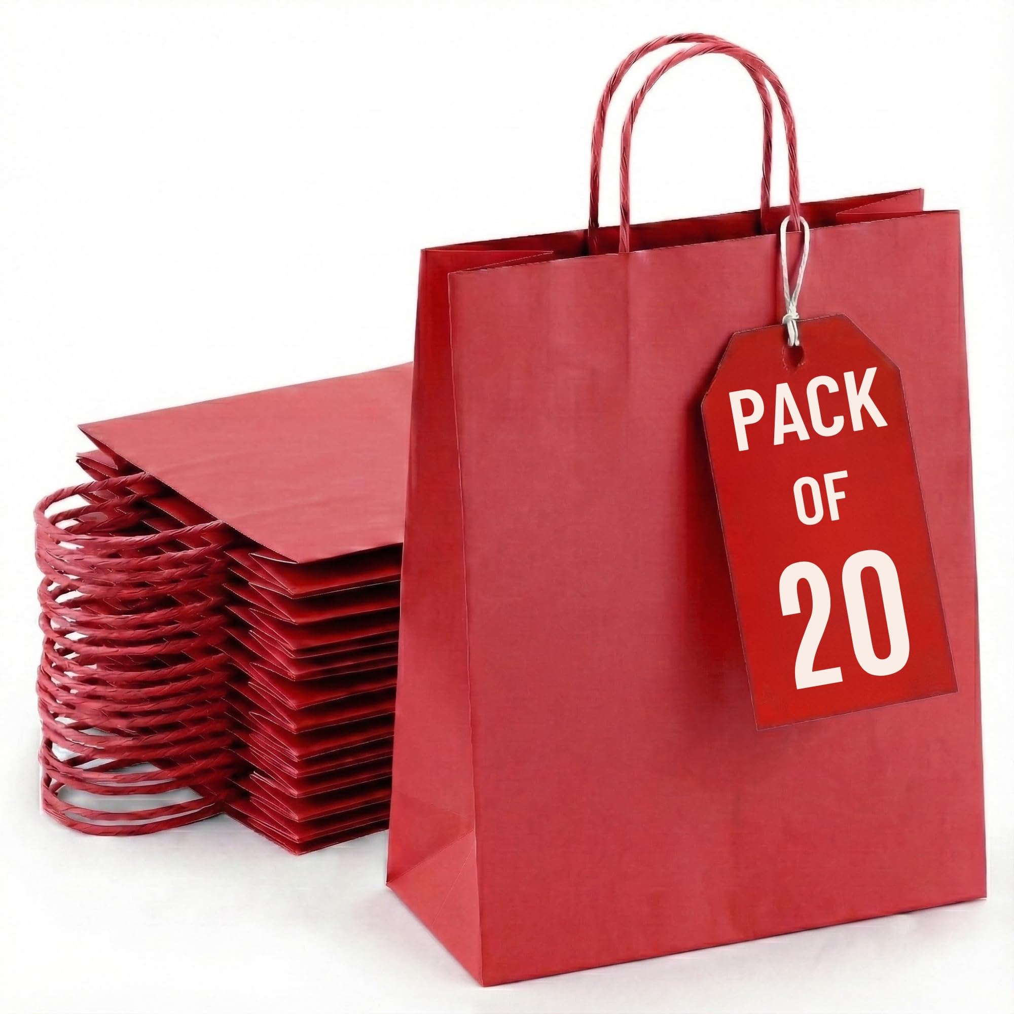 XSMALL 20 Pcs Red Party Bags – No Wrinkles Gift Bag with Handles | Flat-Bottom Paper Party Bags for Kids Party, Weddings, Birthdays, Baby Showers – No Fold Packaging (24×18×8 cm)