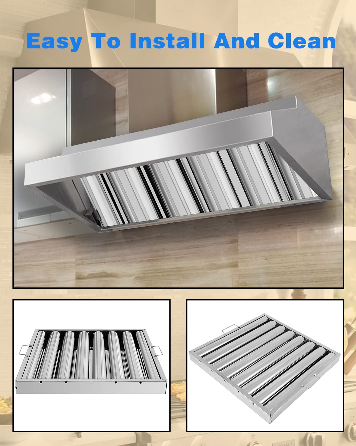 Hood Filters 19.5W x 19.5H Inch, 430 Stainless Steel 7 Grooves Commercial Baffle Grease Filter, Range Hood Filter for Grease Rated Commercial Kitchen Exhaust Hoods Pack of 6