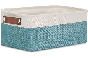 DULLEMELO Small Storage Basket for Organizing, Collapsible Fabric Basket for Shelves, Closets, Laundry, Nursery, Decorative Basket for Gifts Empty (White&Teal)