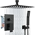 Aolemi Ceiling Mount Shower System Rain Shower Head with Handheld Spray High Pressure Shower Faucet Set Rough-in Valve Shower Trim Kit Included Bathroom Matte Black 10 Inch Ceiling Shower Head
