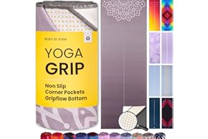 BODY BY YOGA Yoga Grip Yoga Towel - Non Slip Hot Yoga Mat Towel With Corner Pockets, No-Skid Grip, and Built-in Alignment Lines | Soft, Moisture Wicking, and Sweat Absorbent | No Bunching, Stays in Place 72" x 25"
