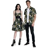 DRESSFO Couple Matching Hawaiian Halloween Outfits Gothic Floral Skull Print Vampire Dress or Roll Up Sleeve Shirts Outfit