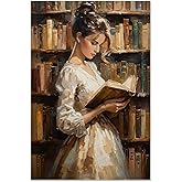 Aozomo Woman in Library Oil Painting Wall Art Vintage Style Oil Painting Canvas Print Female Portrait Oil Painting Pictures Prints Wall Decor Aesthetic Poster (8x12in,B-Unframed)