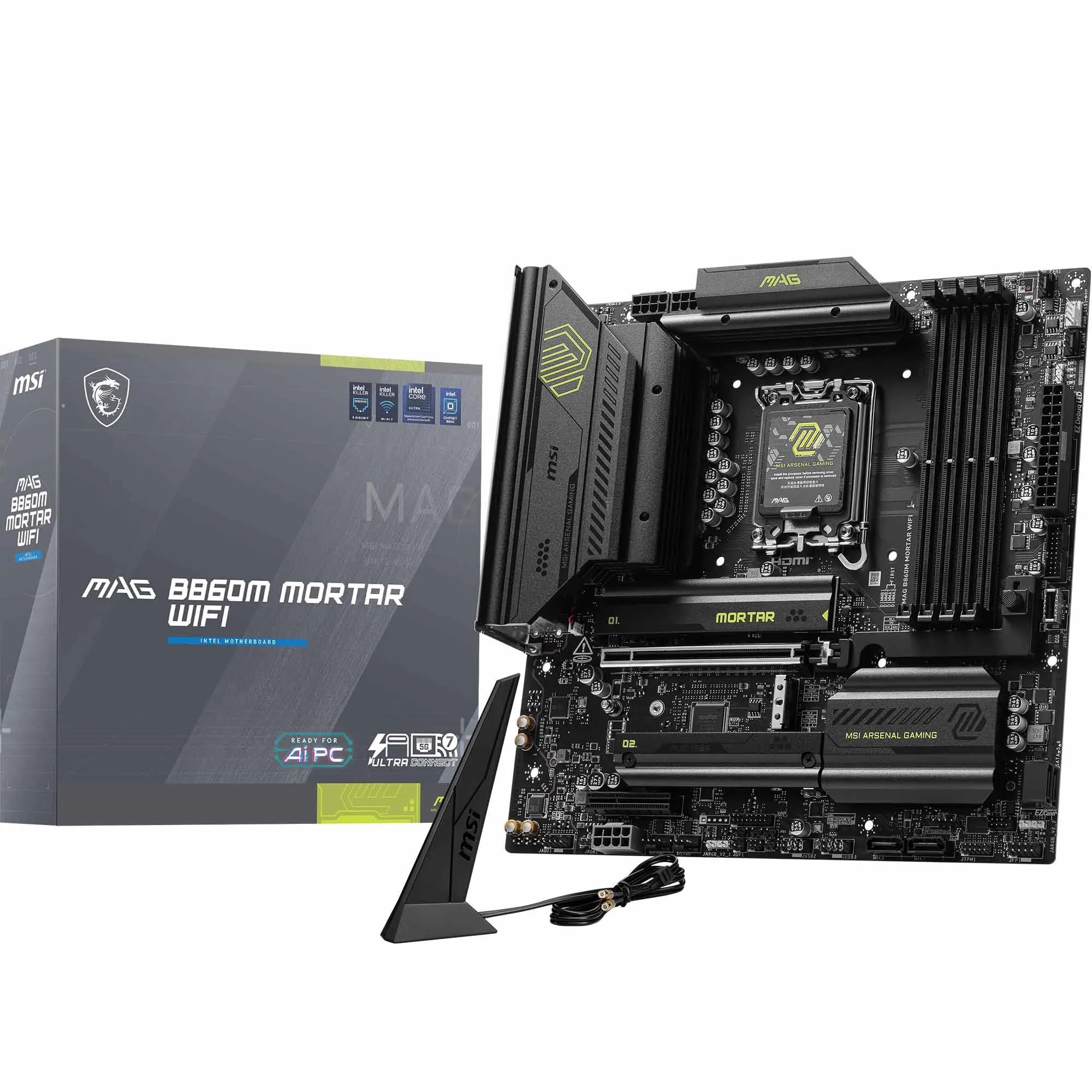 Photo 1 of MSI MAG B860M Mortar WiFi Motherboard, mATX - Supports Intel Core Ultra Processors (Series 2), LGA 1851 - DDR5 Memory Boost 9200+ MT/s OC, 1 x PCIe 5.0 x16, 1 x M.2 Gen5, 5G LAN, Wi-Fi 7