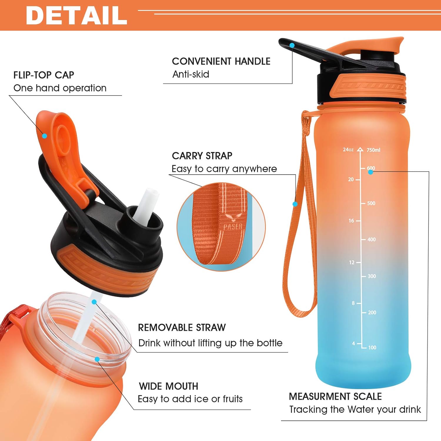 PASER 24oz Water Bottles with Times to Drink, Leakproof TRITAN & BPA Free Drinking Water Bottle with Removable Straw to Provide Adequate Water for Your Body (with Gift Box, Straw Brush) : Sports & Outdoors