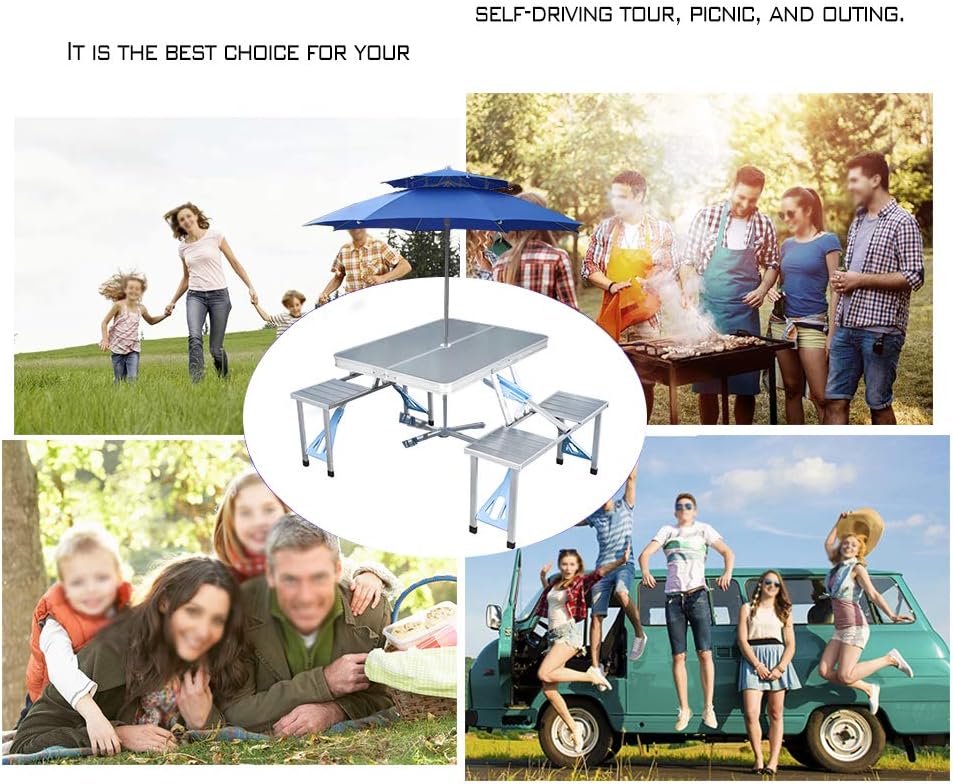 Folding Picnic Table and Beach Set, Siamese Tables and Chairs Set, Aluminum Alloy Portable Desk with 4 Seats for Indoor Outdoor Travel, Camping.Hole for Parasol, Foldable with Handle(Aluminum): Kitchen & Dining