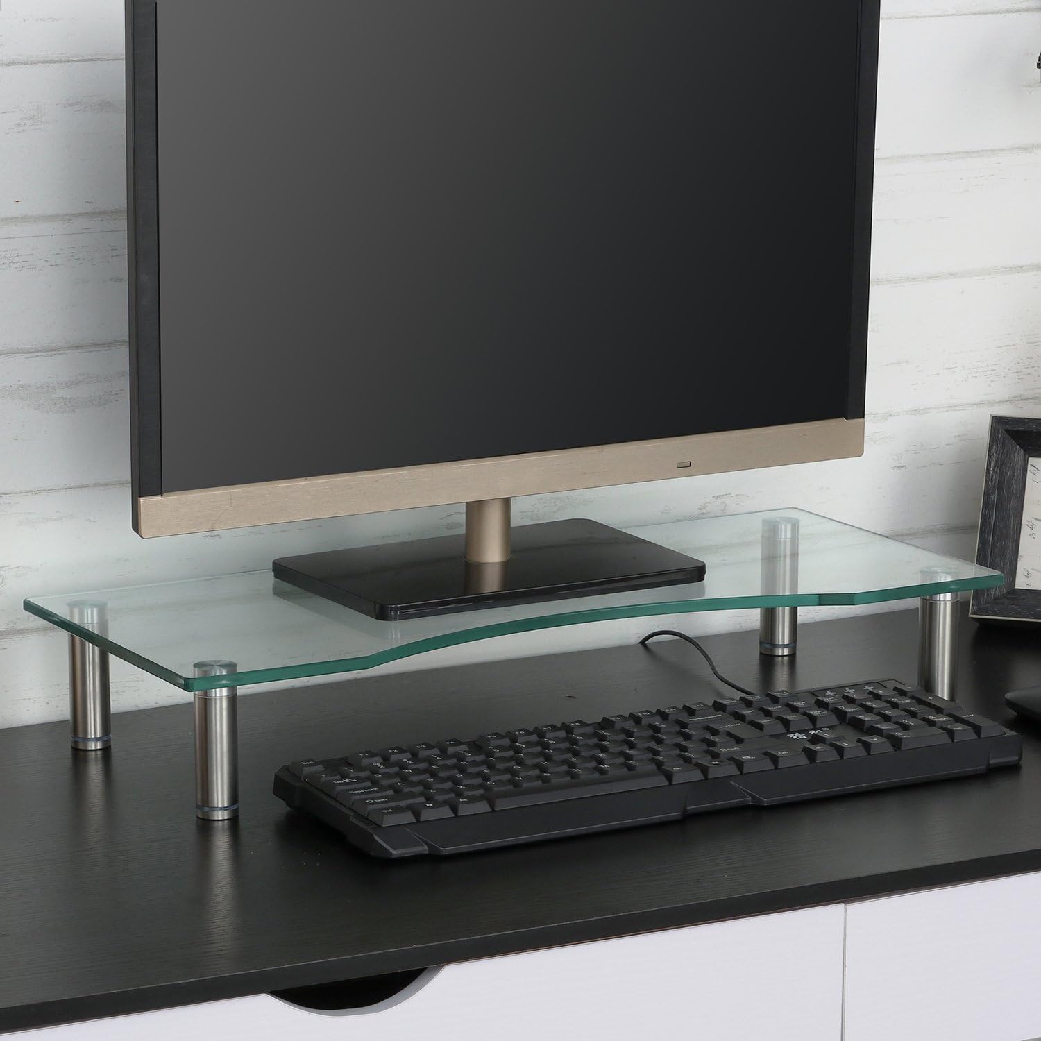SevenFanS Monitor Stands Curved Glass Computer Risers for PC Monitors, Laptops, Computers & TVs for Home and Office Using, Height Adjustable-22" x 9.5"-Clear