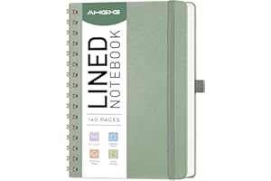 AHGXG Lined Spiral Journal Small Notebook for Women, Notebook College Ruled A5 5.7" X 8.3", 140 Numbered Pages, Hardcover Leather, Meeting Notebook for Work, School Office Supplies, Sage Green