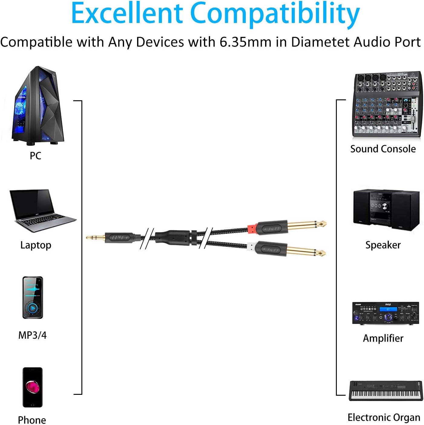 J&D 3.5mm TRS to Dual 6.35mm TS Breakout Cable - Image 4