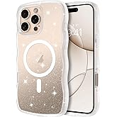Telaso for iPhone 16 Pro Max Case, Compatible with Magsafe Glitter Bling Sparkly PC Back Wave Frame Designed TPU Bumper Protective Magnetic Case iPhone 16 Pro Max for Women Girls, Glitter Clear