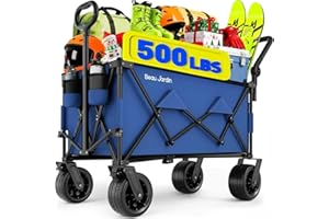 BEAU JARDIN Folding Push & Pull Beach Wagon 500 lbs Collapsible Foldable Wagons with Push Handle All Terrain Wheels Grocery Utility Camping Skiing Ice Fishing Sports Garden Wagon Cart Blue