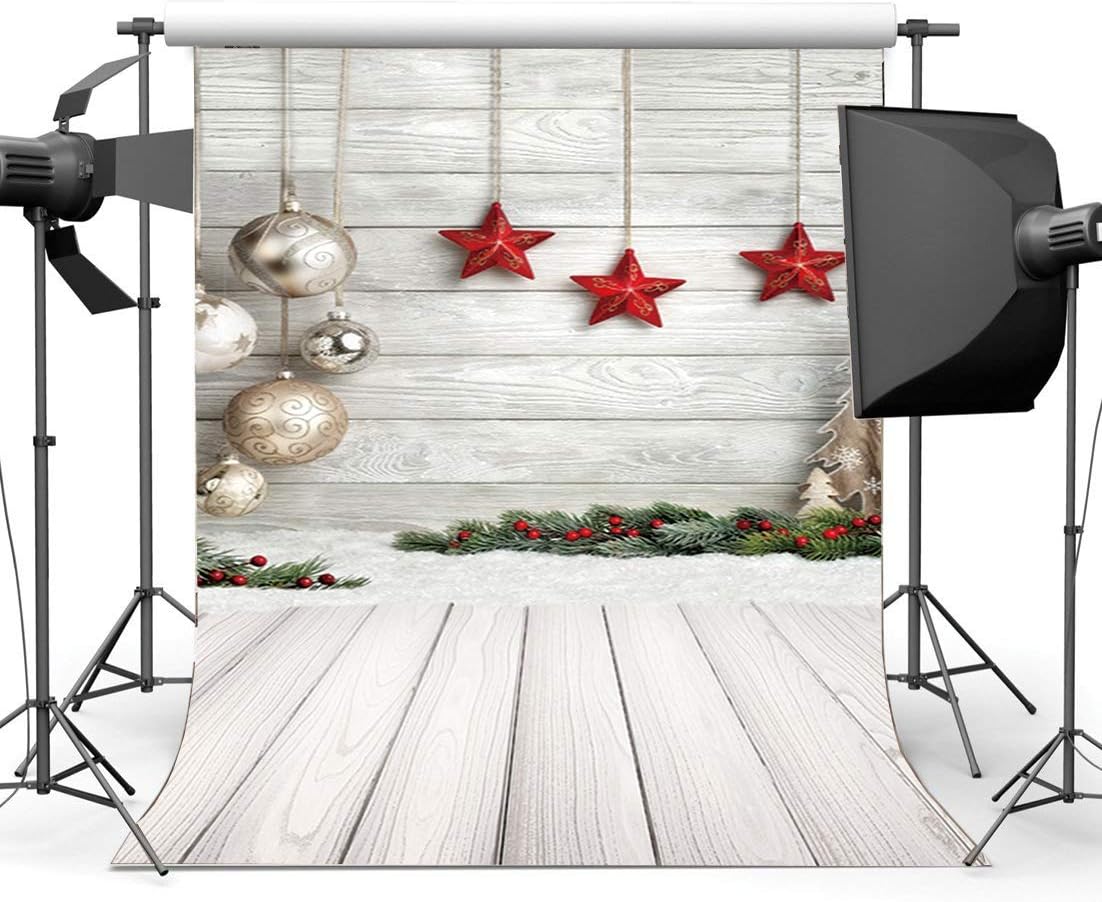 Haosphoto 6X9FT/180X270cm Vinyl Photography Backdrop Christmas Tree Balls Red Star Pine Twigs Stripes Wood Floor Xmas Backdrops Seamless Kids Adults Happy New Year Background Photo Studio Props 10383