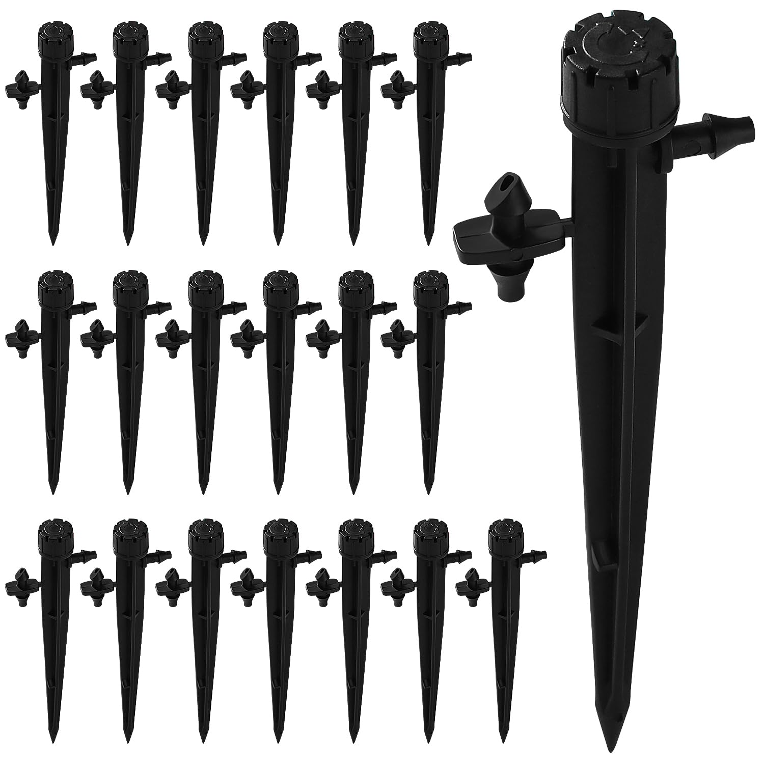 VooGenzek 20 PCS 360 Degree Adjustable Irrigation Dripper Sprinkler, Micro 8-Hole Stake Emitter Dripper for 4/7 mm Garden Hose Irrigation System, Water Flow Stake Emitter, Black (with Connector)