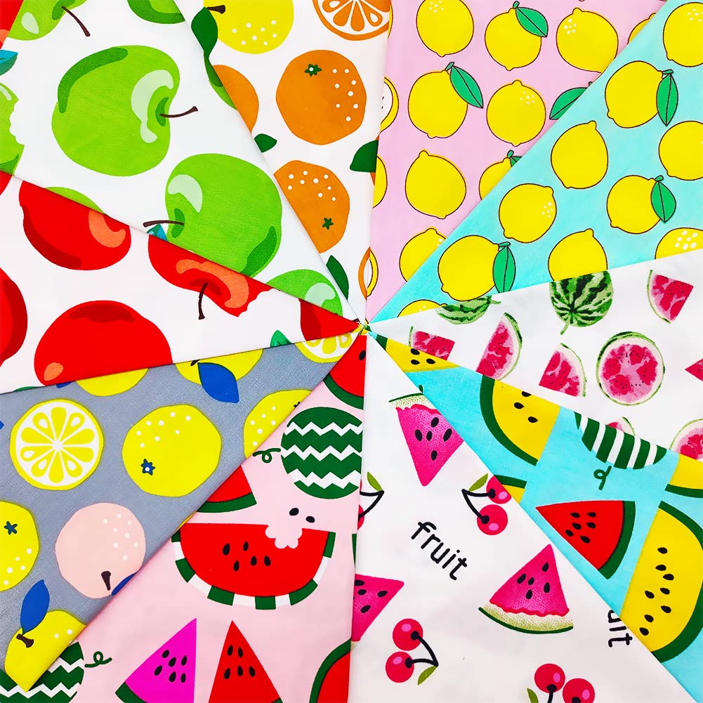 QiMicody Fat Quarters Fabric Bundles, 10 Pcs 100% Cotton 19.69” x 19.69” (50cmx50cm) Precut Quilting Fabric Squares Sheets for DIY Patchwork Sewing Quilting Crafting, No Repeat Design (Fruit Pattern)