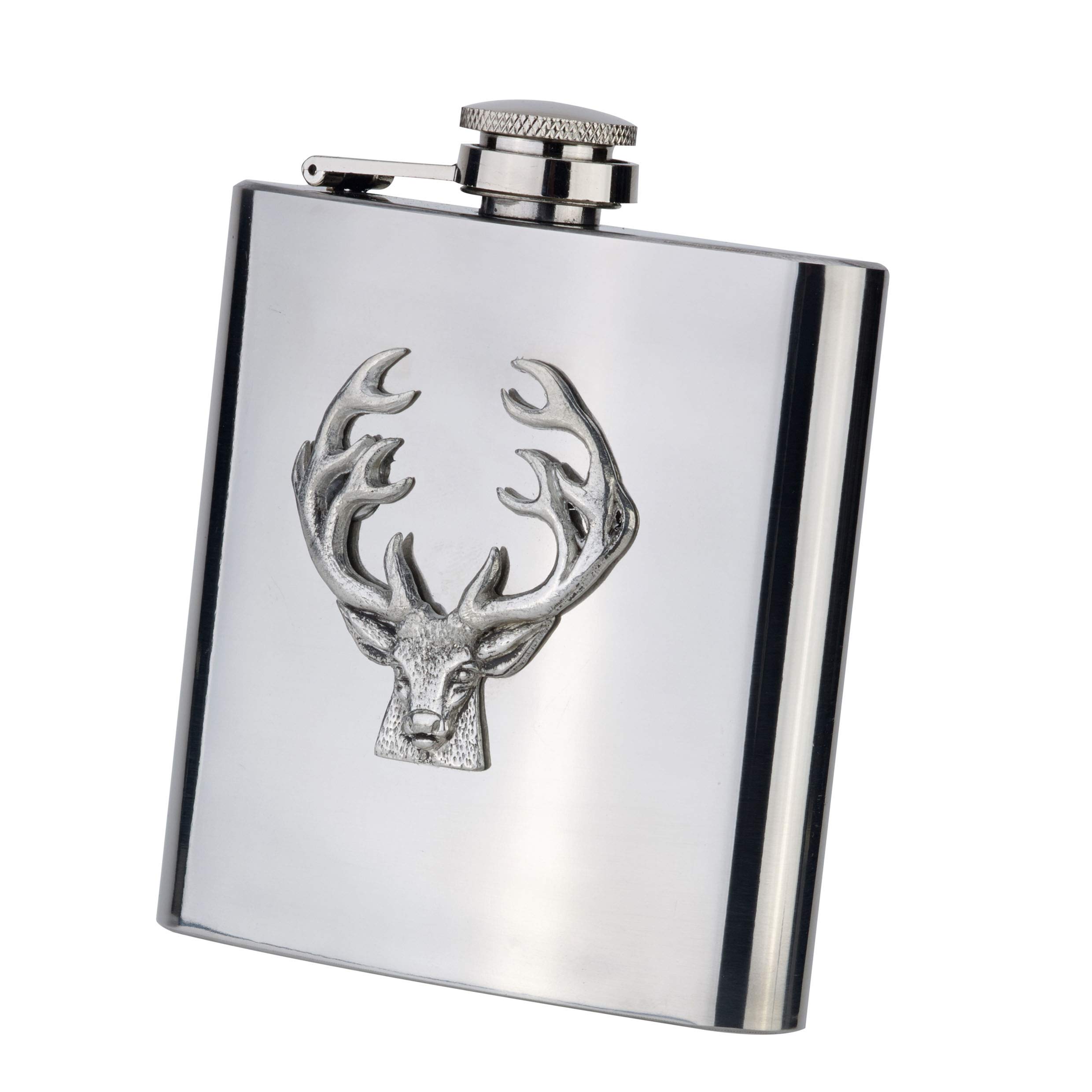 Farm Cottage Brands 6oz oblong Stainless Steel hip flask with funnel in a presentation box - with a pewterware motif of a stag's head and antlers