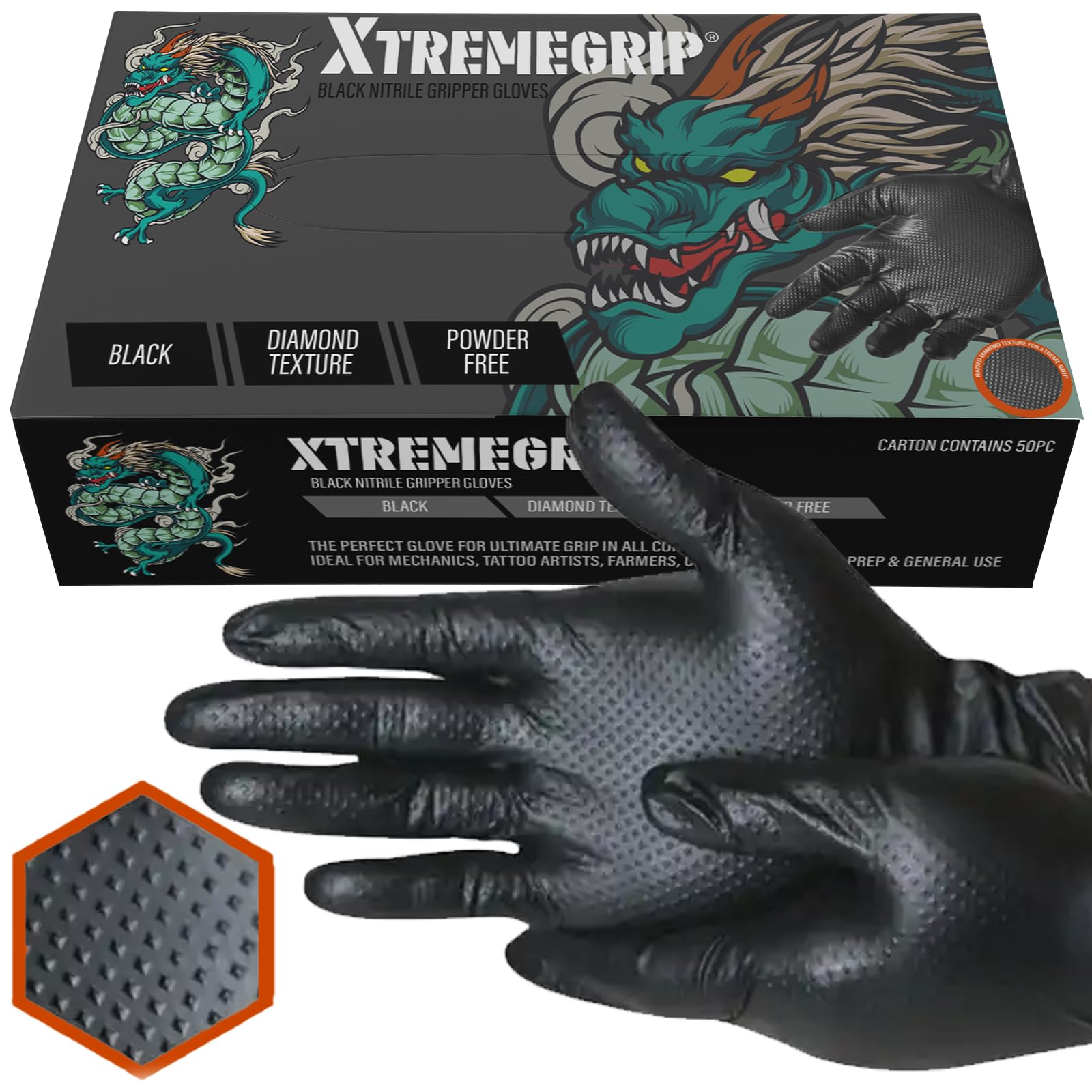 Xtremeauto Nitrile Gloves - Disposable, Diamond Grip Black, Powder-Free & Latex Free - Extra Thick & Strong Rubber for Mechanics (1 Box, Large)