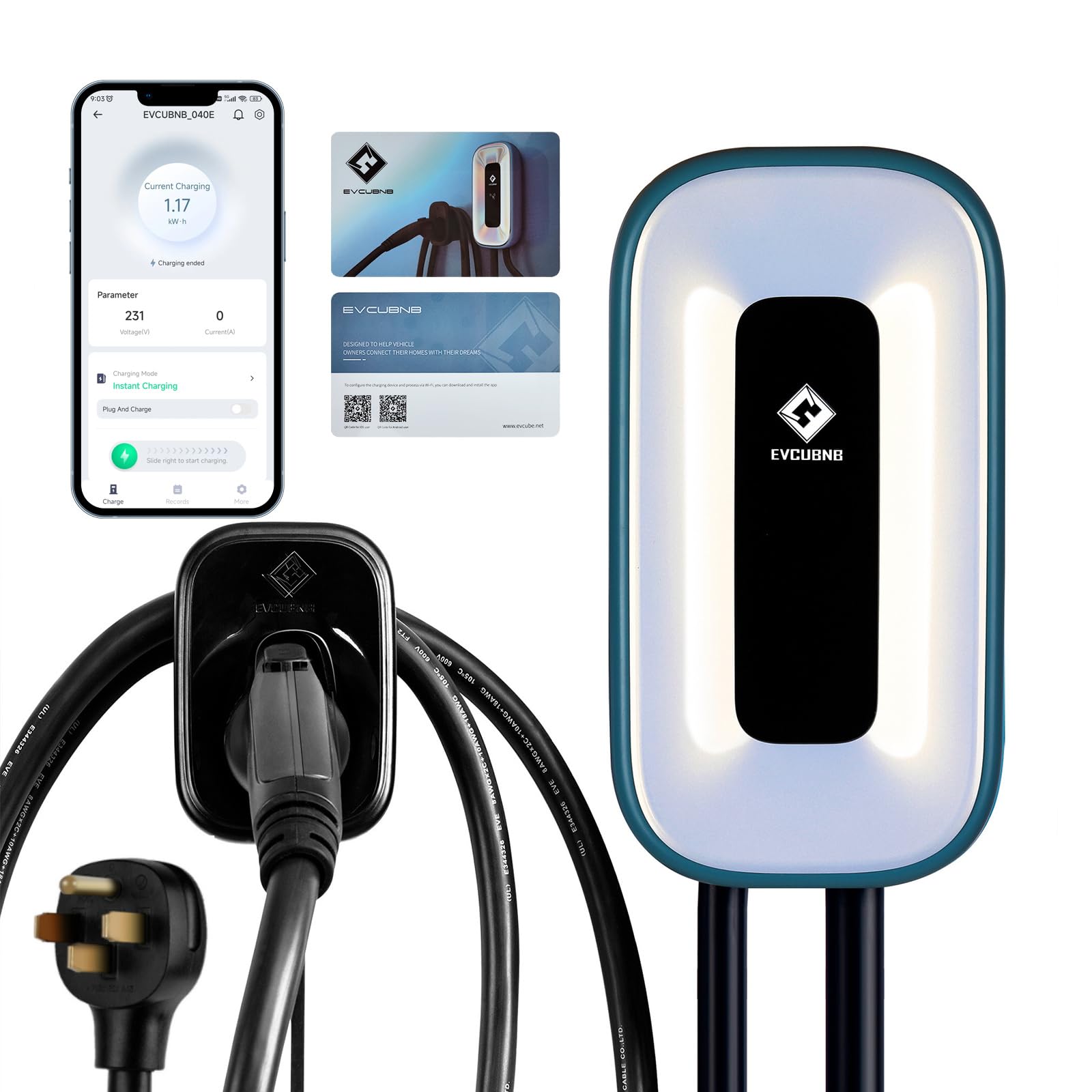Photo 1 of EVCUBNB EV Charger Level 2?50 Amp Charge Station, 240V,Indoor/Outdoor EVSE, 25Ft Cable Level 2 ev Charger, 2.4GWiFi/APP/RFID Card (NEMA14-50 Plug or Hardwired)